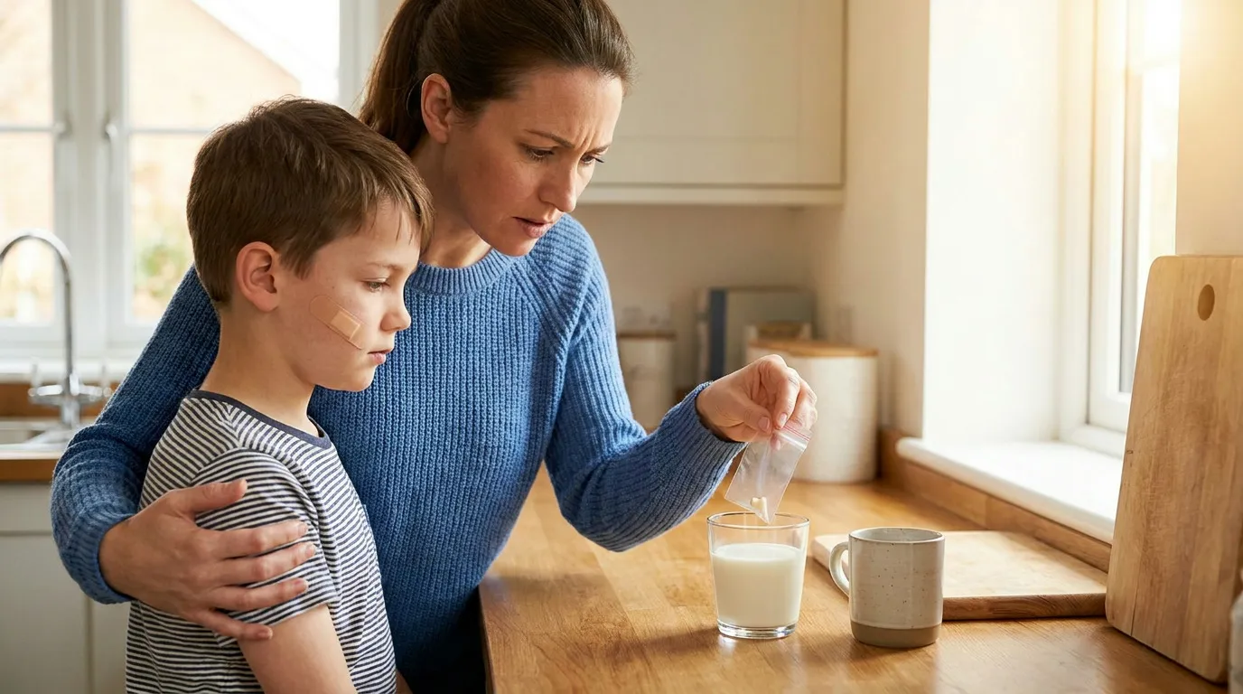 A woman with a concerned expression gently holds a boy with a bandage on his cheek, while holding a small bag with a tooth fragment over a glass of milk on a kitchen counter.