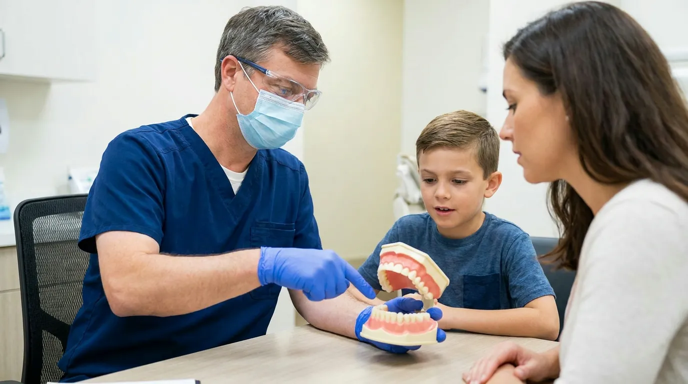 Dr. Tyler Driggers, wearing scrubs, a mask, and safety glasses, points to a dental model while explaining something to a boy and a woman sitting at a table.