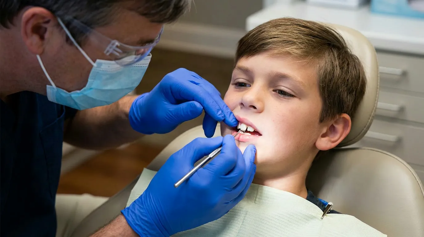 Dr. Tyler Driggers, wearing a mask, safety glasses, and blue gloves, examines a young boy's teeth with dental tools while the boy sits in a dental chair with a bib.