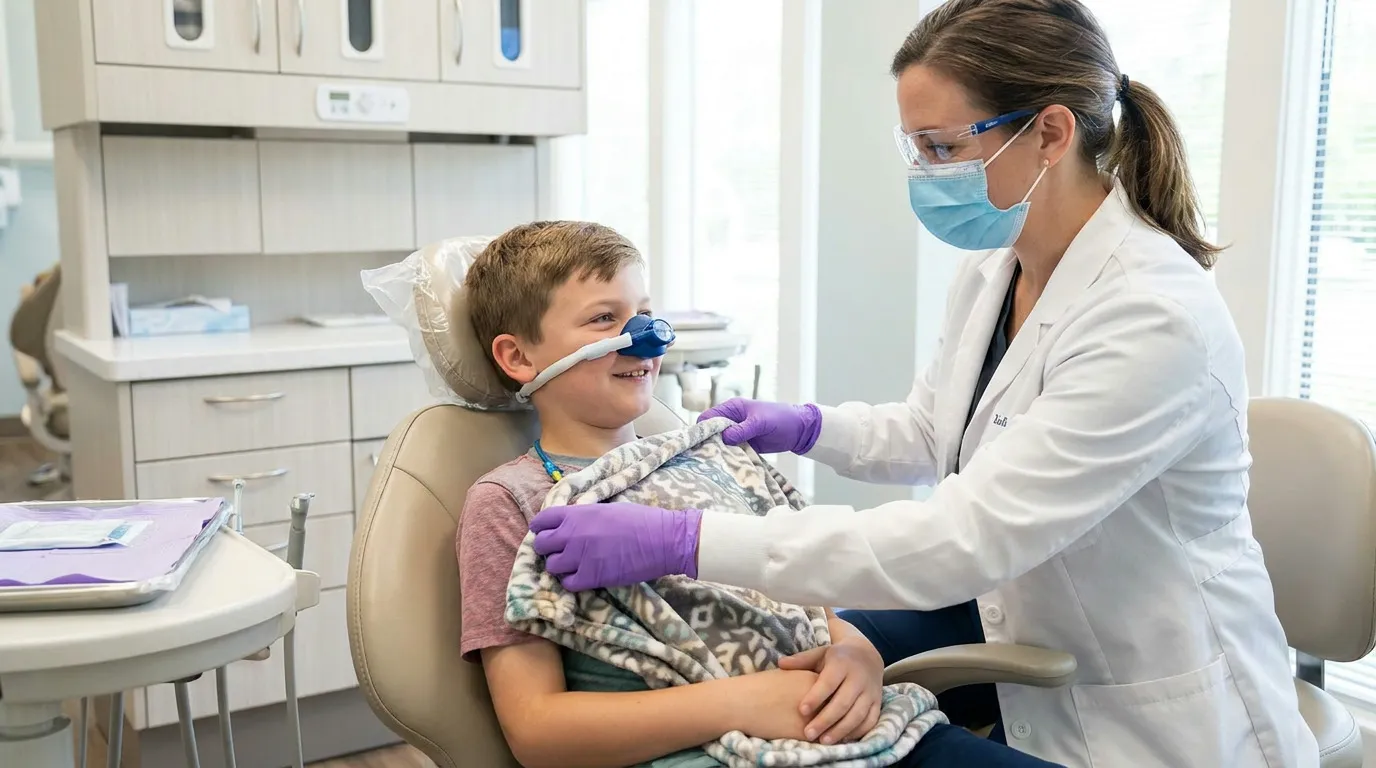 A boy in a dental chair wears a nasal mask and smiles as Dr. Tyler Driggers, wearing a mask and safety glasses, gently places a patterned blanket over him in a brightly lit dental office.