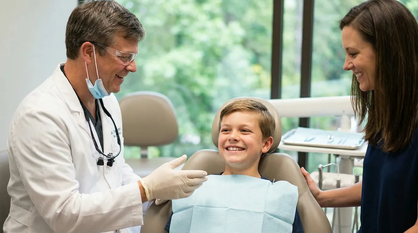 Dr. Tyler Driggers, wearing a white lab coat and safety glasses, smiles at a boy in a dental chair with a blue bib, while a woman stands smiling beside the boy, all in a bright dental office.