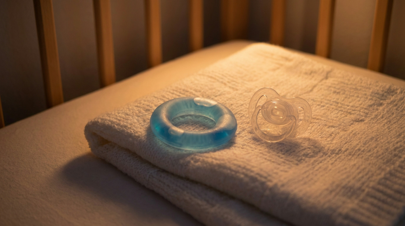 A blue teething ring and clear pacifier rest on a folded white blanket in a crib, illuminated by a warm, dim light.