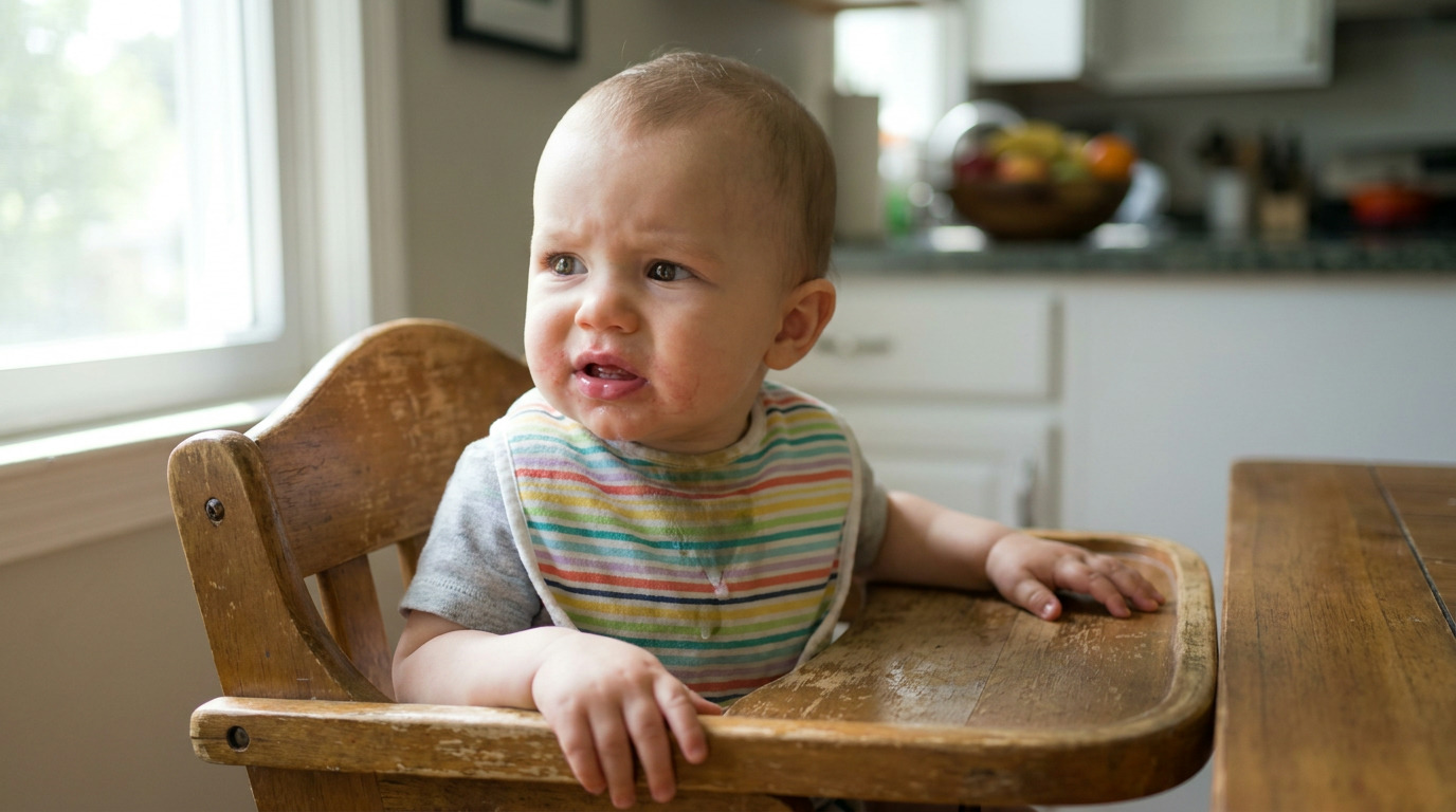 A baby with food on its face and a striped bib sits in a wooden high chair, looking away from the camera in a kitchen with a window.