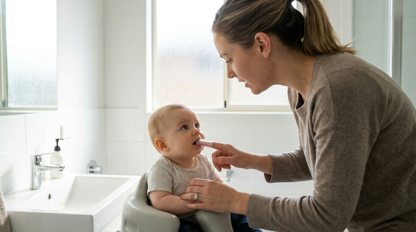 A woman in a brown sweater uses a finger toothbrush to clean a baby's mouth, who sits in a gray seat in a bright bathroom.