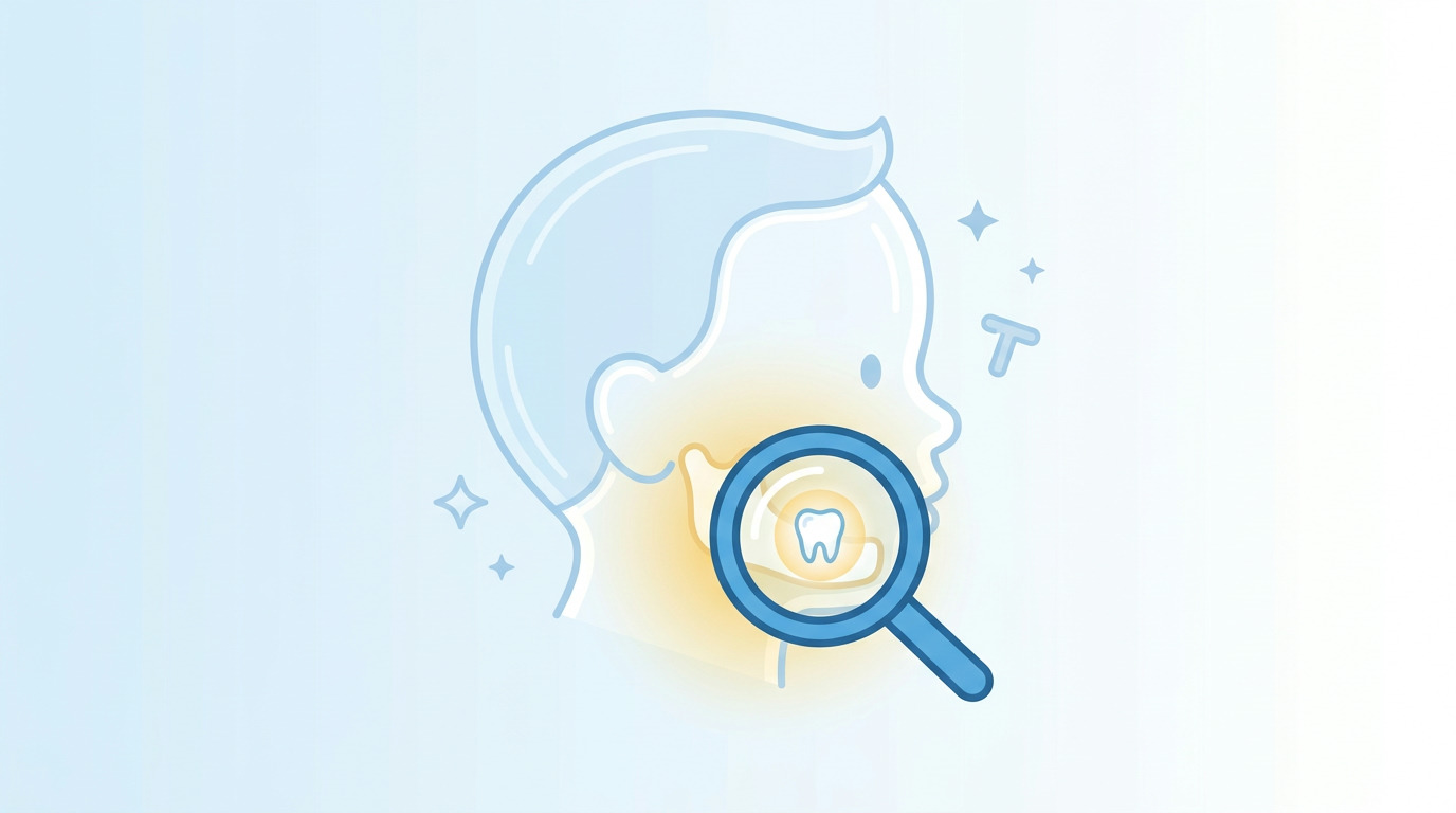 Stylized blue outline of a baby's head in profile with a yellow glow around the jaw, and a magnifying glass highlighting a single tooth.