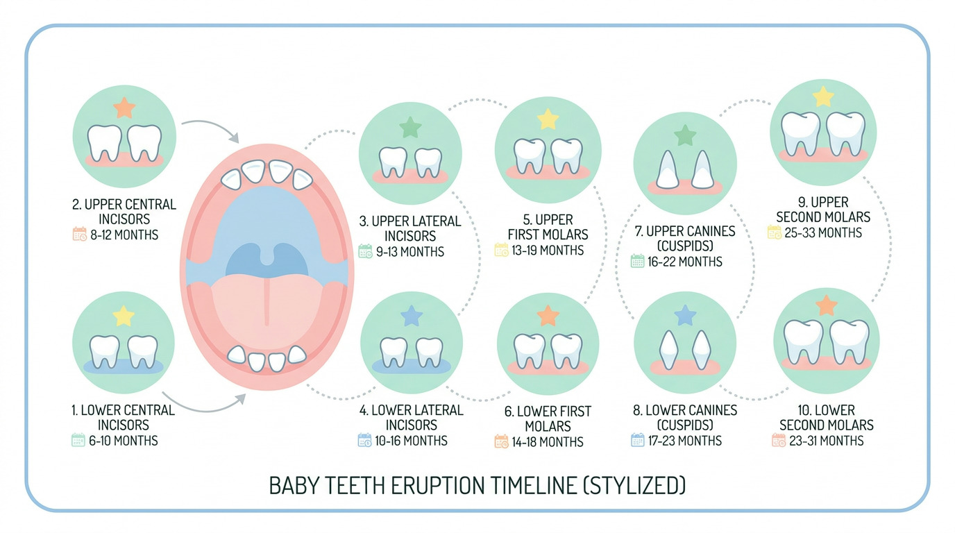 A stylized infographic shows a baby's open mouth with developing teeth, surrounded by ten circular diagrams illustrating the eruption order and age ranges for each type of baby tooth.