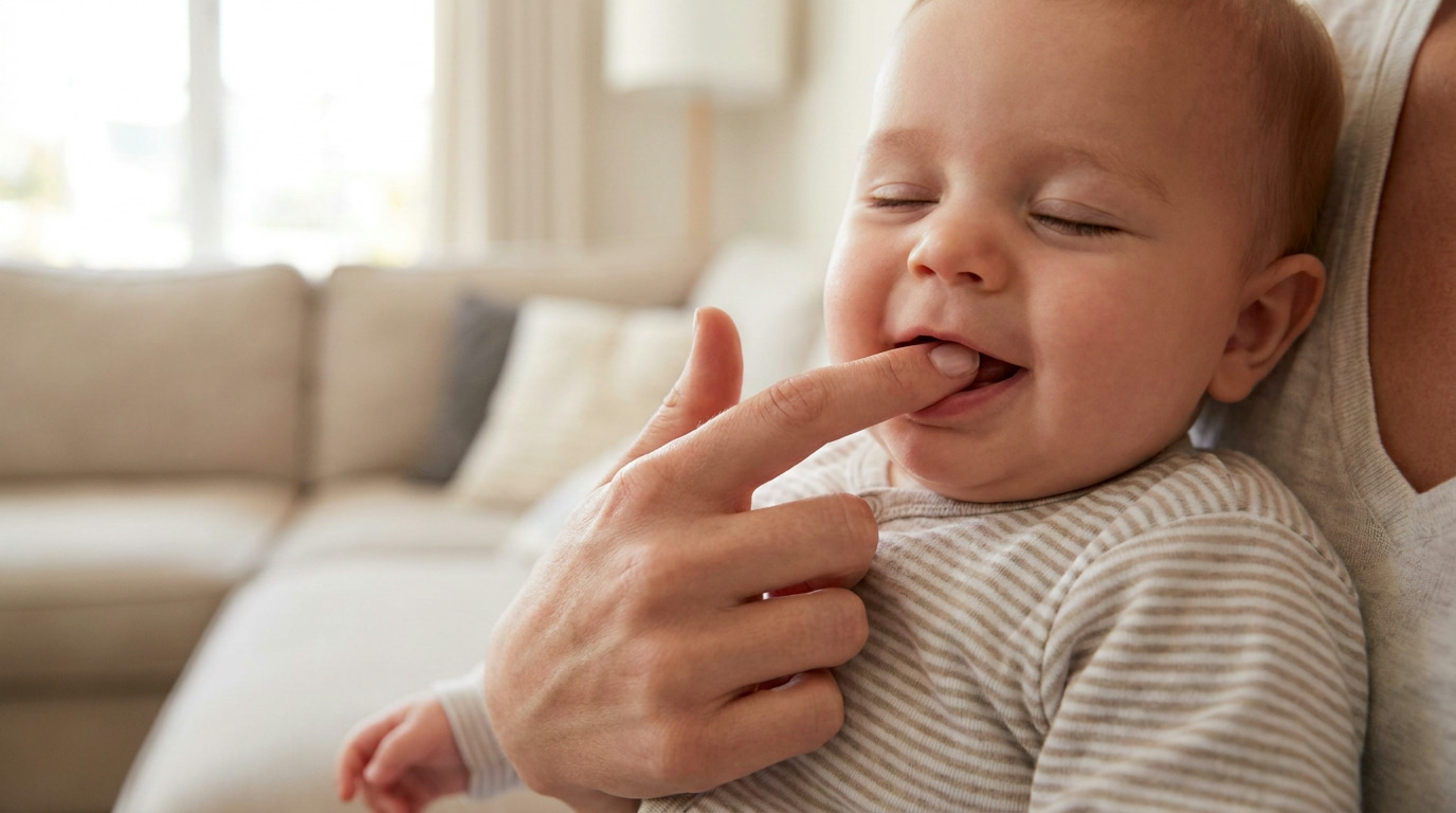 A baby in a striped shirt smiles with closed eyes as an adult's finger gently touches their lower gum, with a blurry couch in the background.