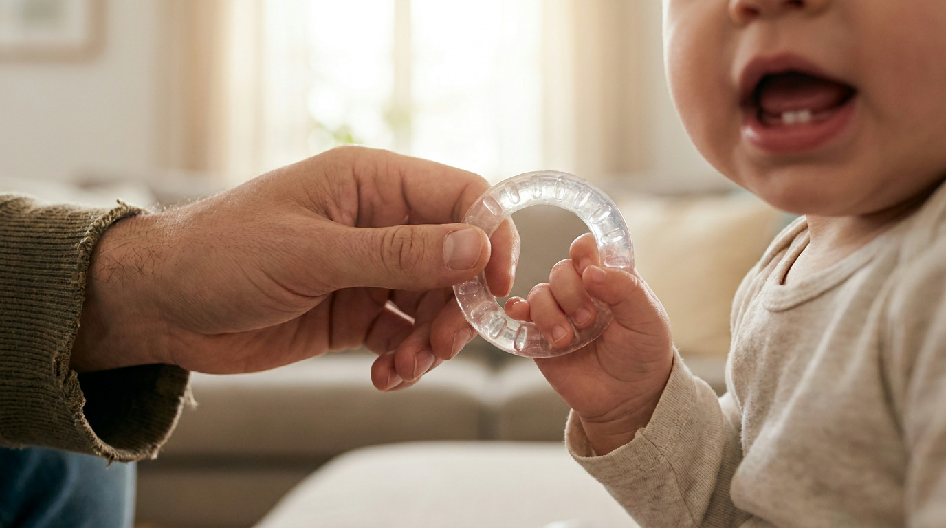 A person in a green sweater holds a clear teething ring, which a baby in a light shirt is reaching for with an open mouth showing two lower teeth.