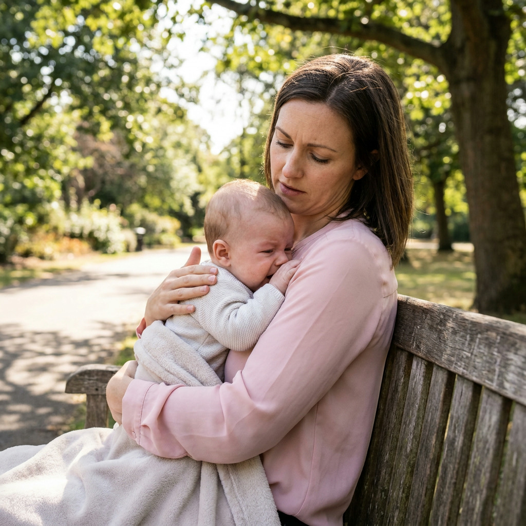 Ashley sits on a wooden park bench, holding baby Leo, who is wrapped in a light blanket and appears to be crying or fussing. Ashley wears a pink blouse and looks down at Leo with a concerned expression.