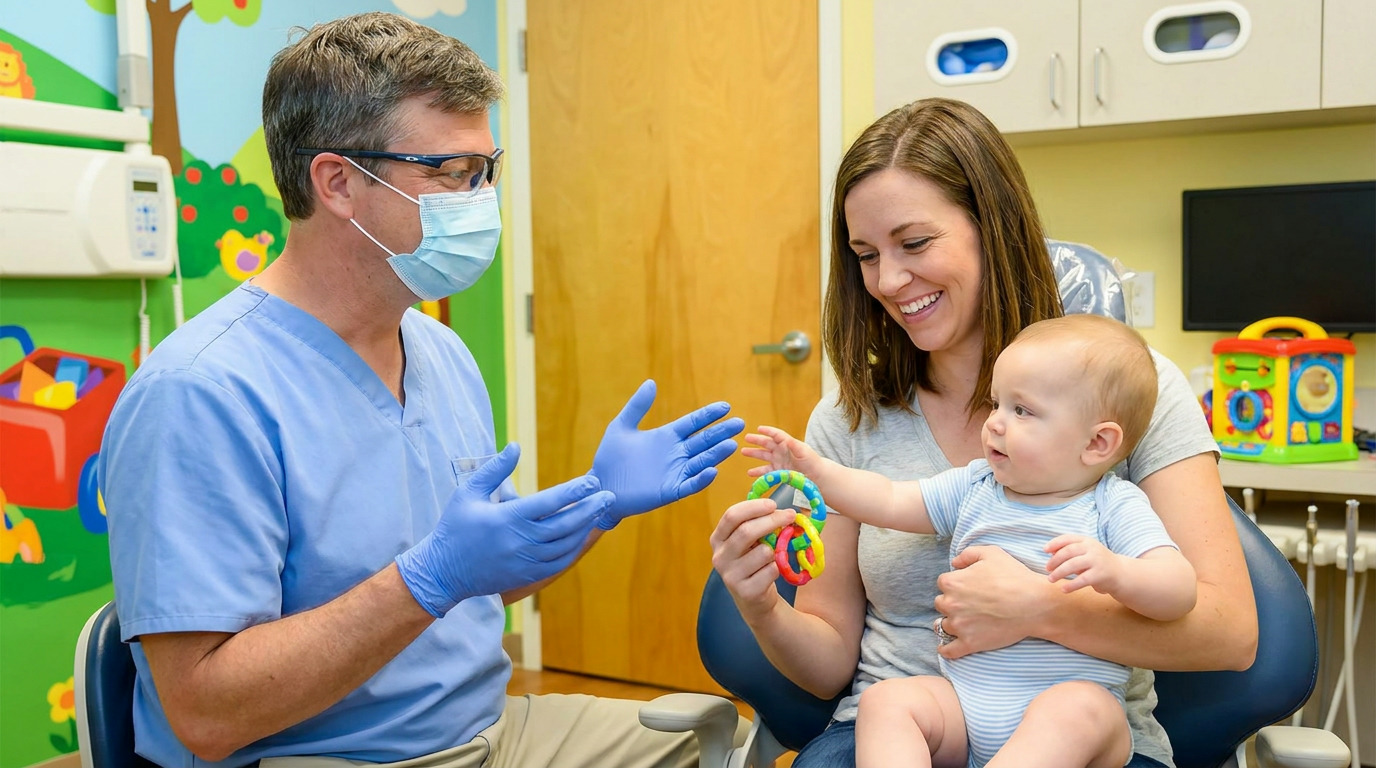 Dr. Tyler Driggers, wearing a mask and scrubs, gestures toward Ashley, who smiles while holding baby Leo and a colorful teether in a pediatric dental office.