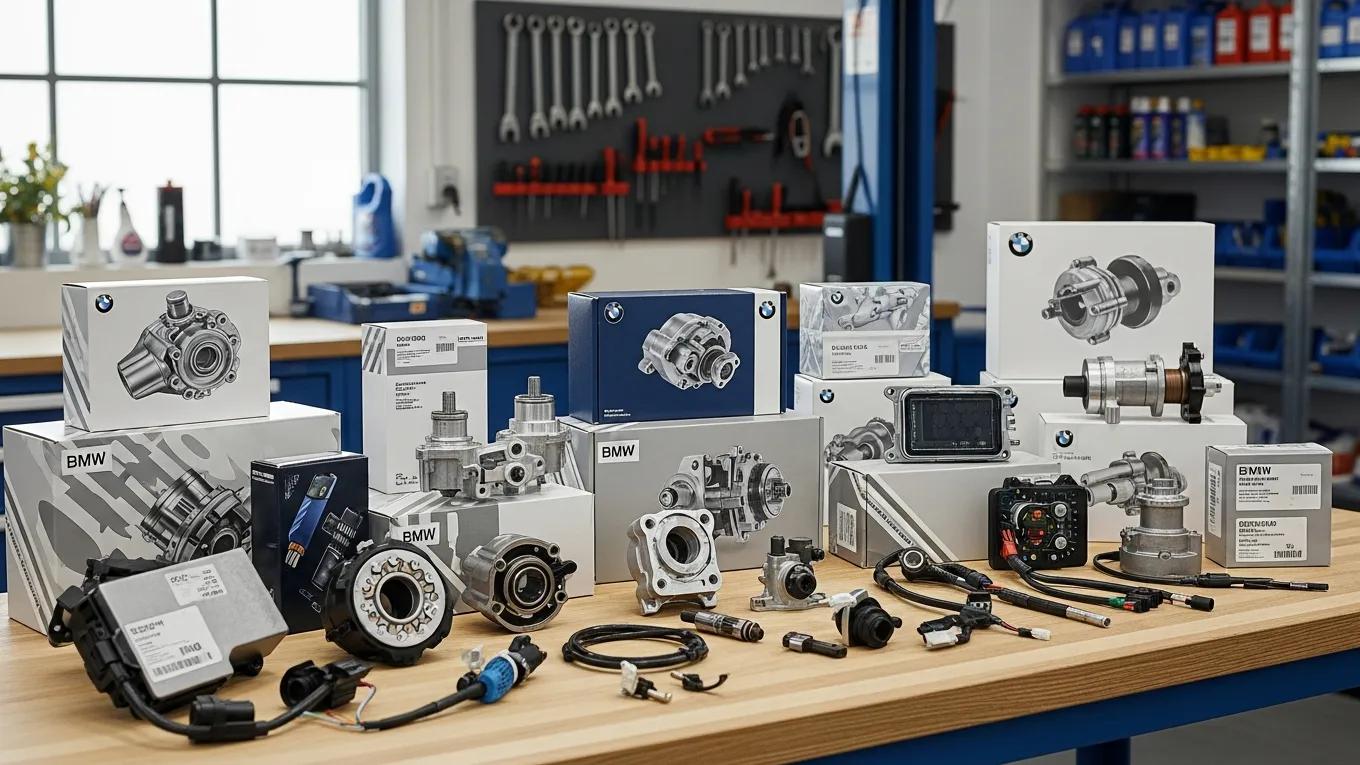 OEM BMW parts displayed on a workbench, emphasizing quality and precision for vehicle repairs