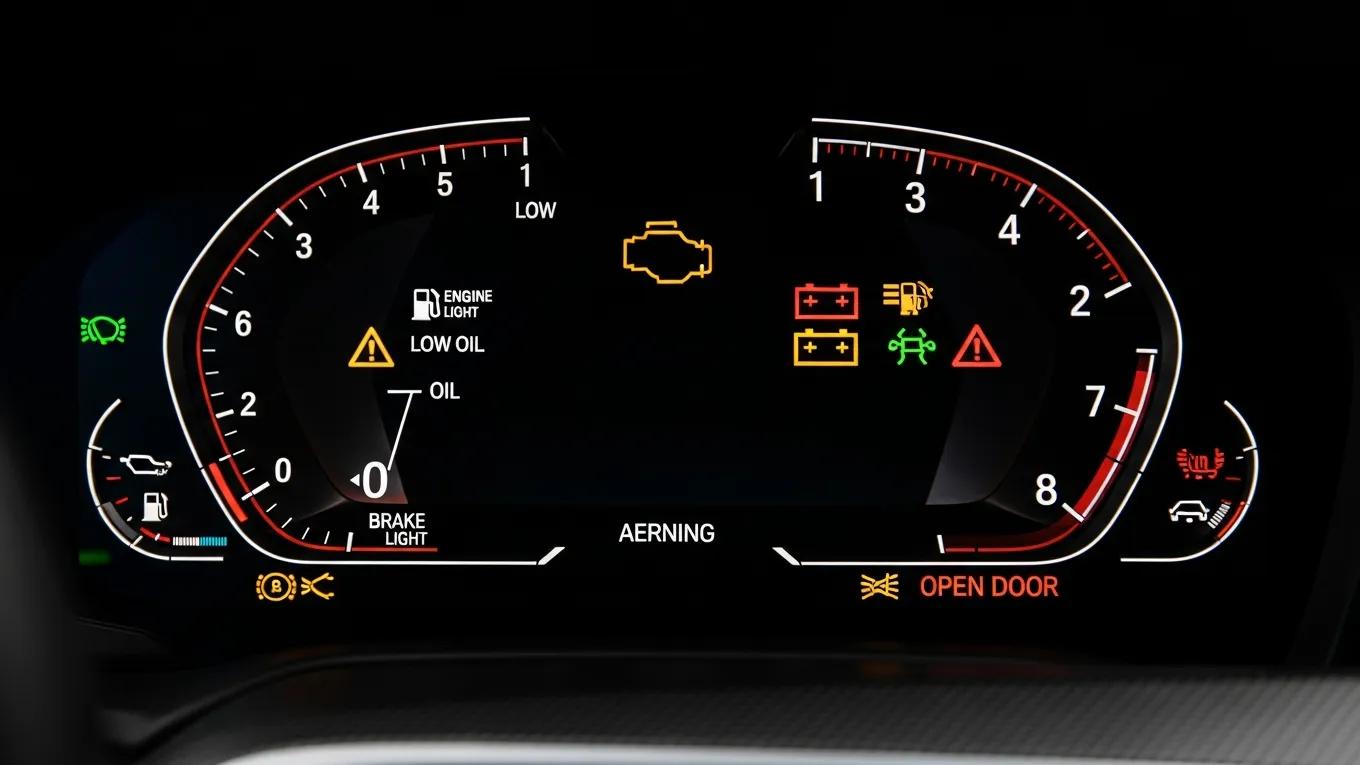 Close-up of BMW dashboard with illuminated warning lights, illustrating common vehicle alerts