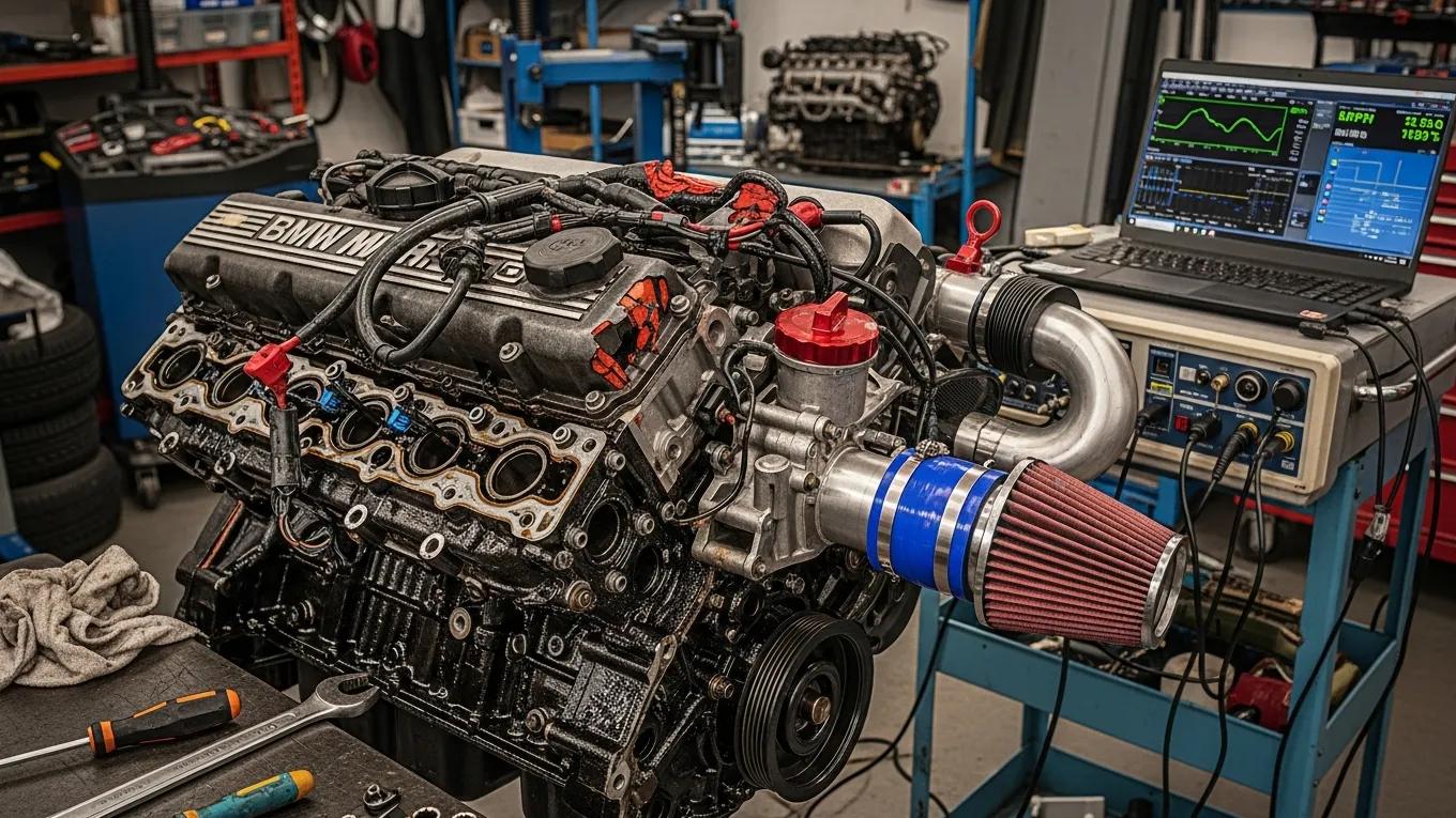BMW engine showing signs of wear and oil leaks in a workshop, emphasizing the need for timely repairs