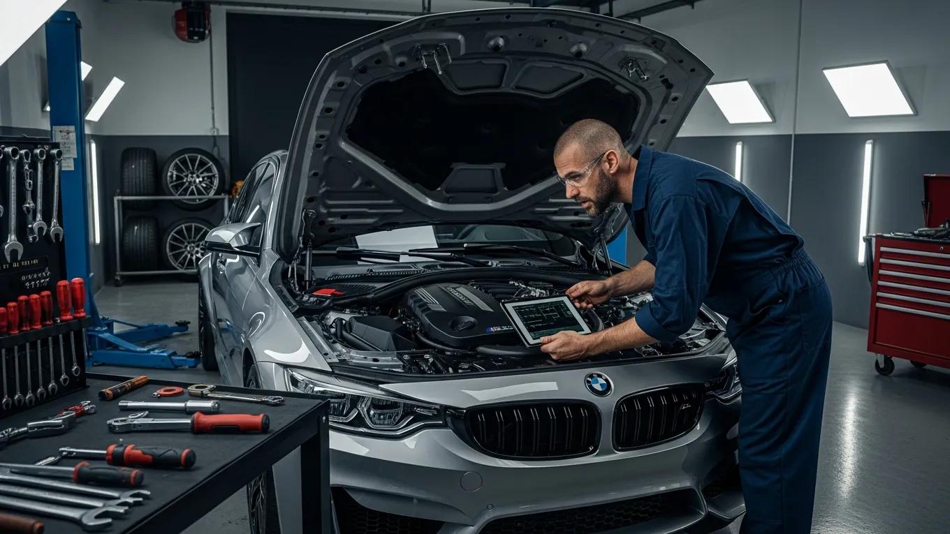 BMW car being inspected by a mechanic in a garage, highlighting the importance of vehicle maintenance