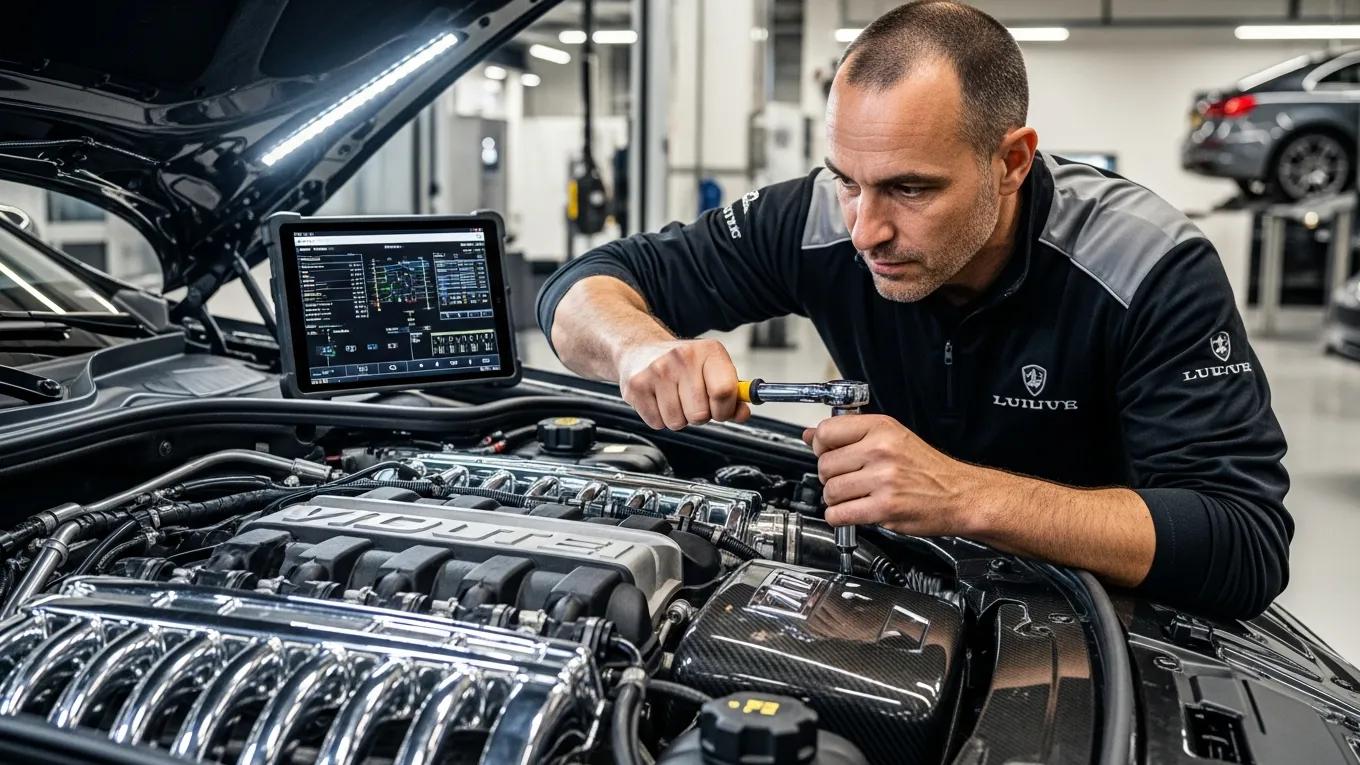 Technician inspecting a luxury car engine with specialized tools