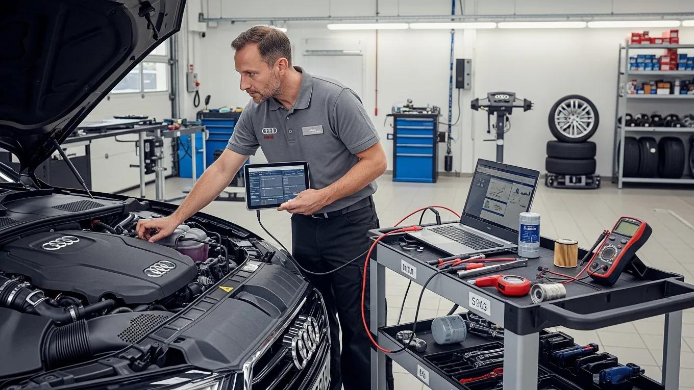 Certified Audi technician using advanced diagnostic tools in a professional workshop