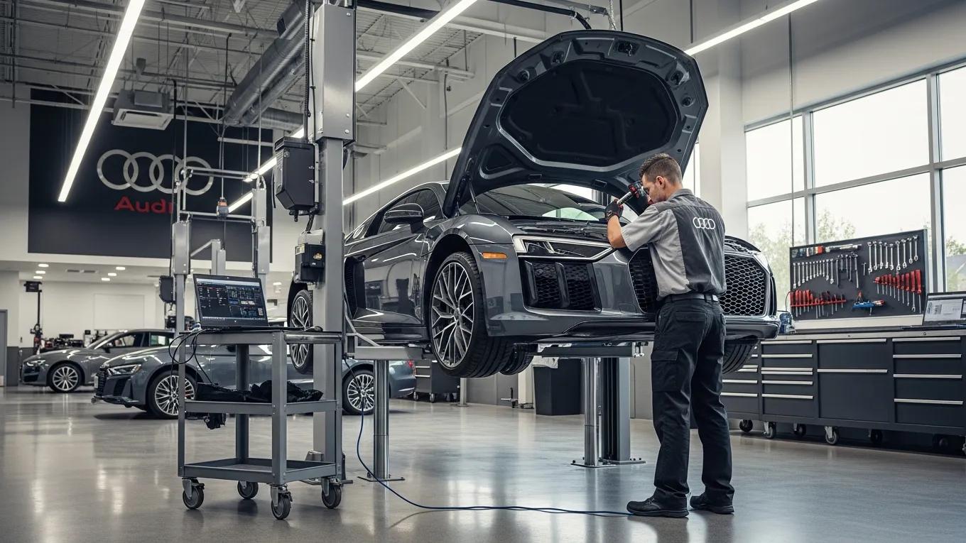 Luxury Audi vehicle being serviced by a certified technician in a modern workshop