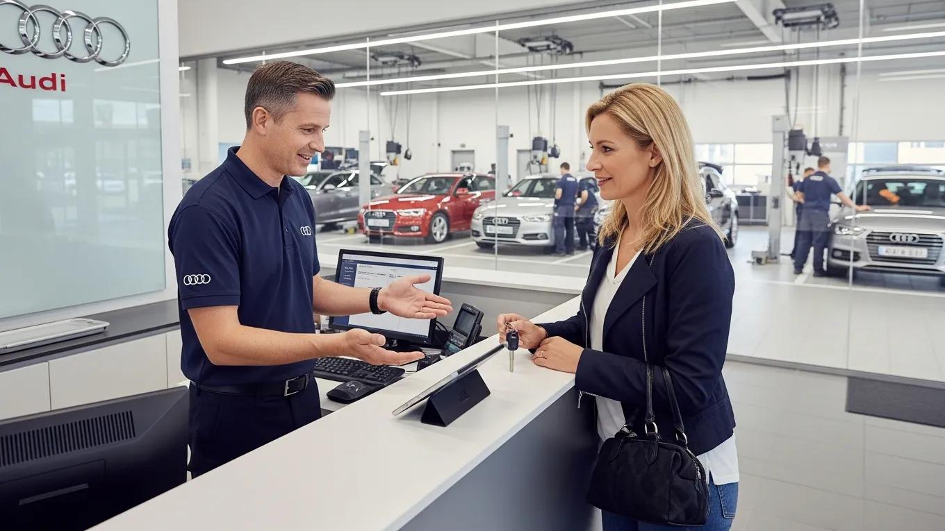 Customer service representative assisting Audi owner at a service center