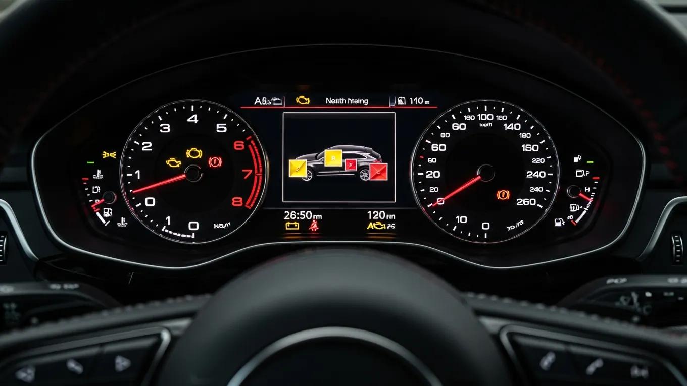 Audi dashboard with illuminated warning lights indicating vehicle health