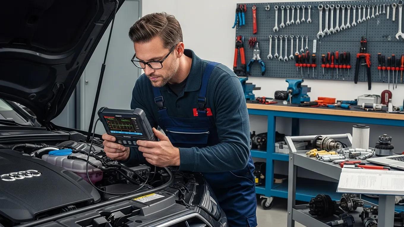 Mechanic diagnosing Audi issues with an OBD-II scanner in a workshop