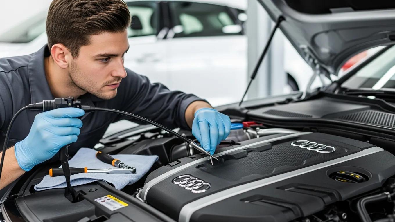 Certified technician performing maintenance on an Audi engine