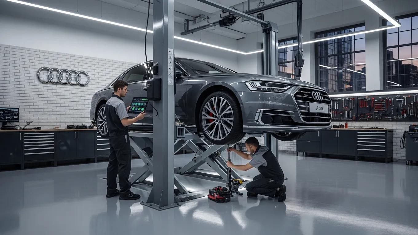 Luxury Audi vehicle being serviced in a professional repair shop