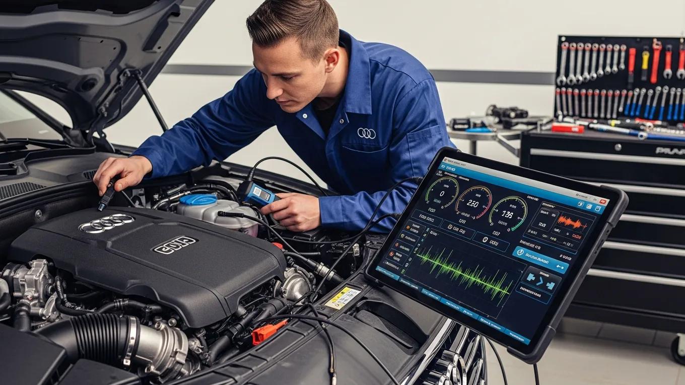 Mechanic diagnosing Audi engine issues with advanced tools, emphasizing the importance of professional diagnostics