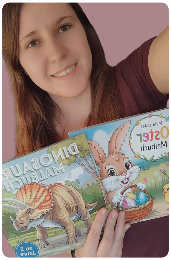 Autorin zeigt liebevoll gestaltete Malbücher für Kinder ab 5 Jahren: Dinosaurier Malbuch und Oster Malbuch von Nomad Publishing