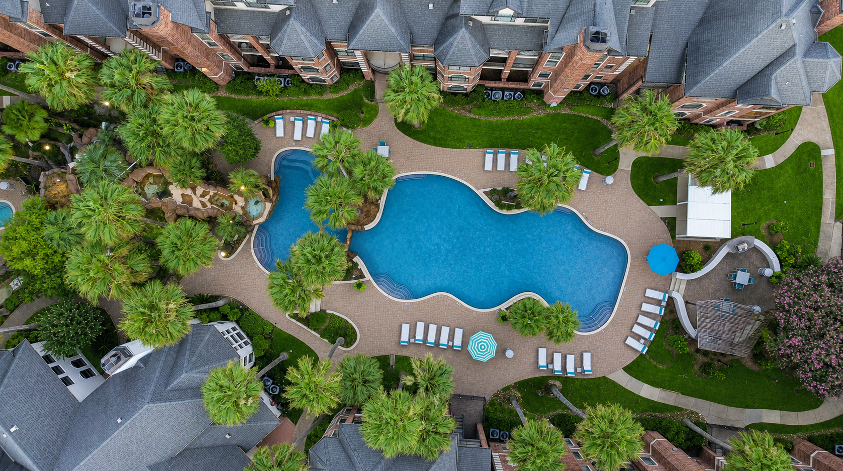 Aerial shot of swimming pool at The Phoenician Apartments in Houston, Texas