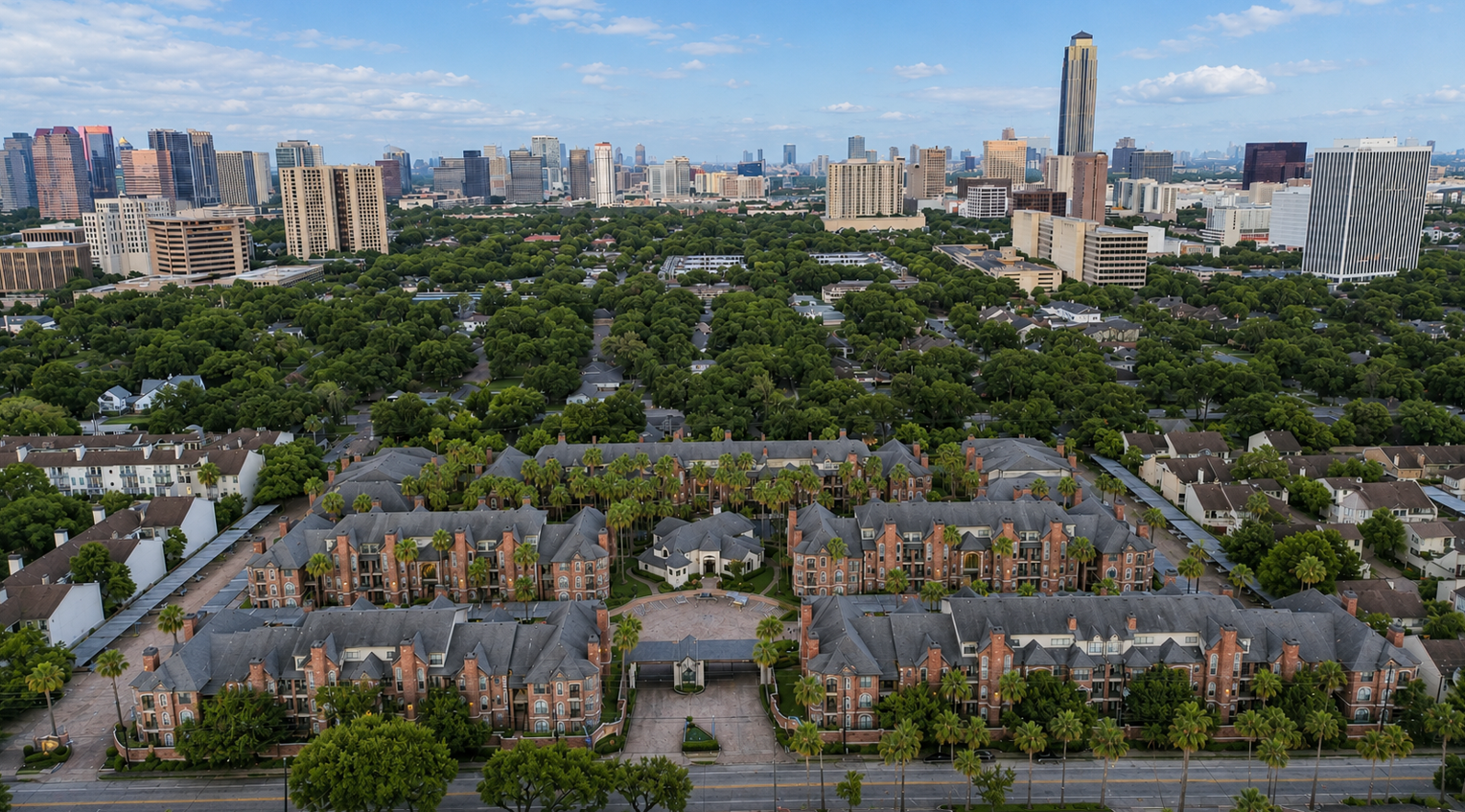 Aerial shot of The Phoenician Apartments in Houston, Texas