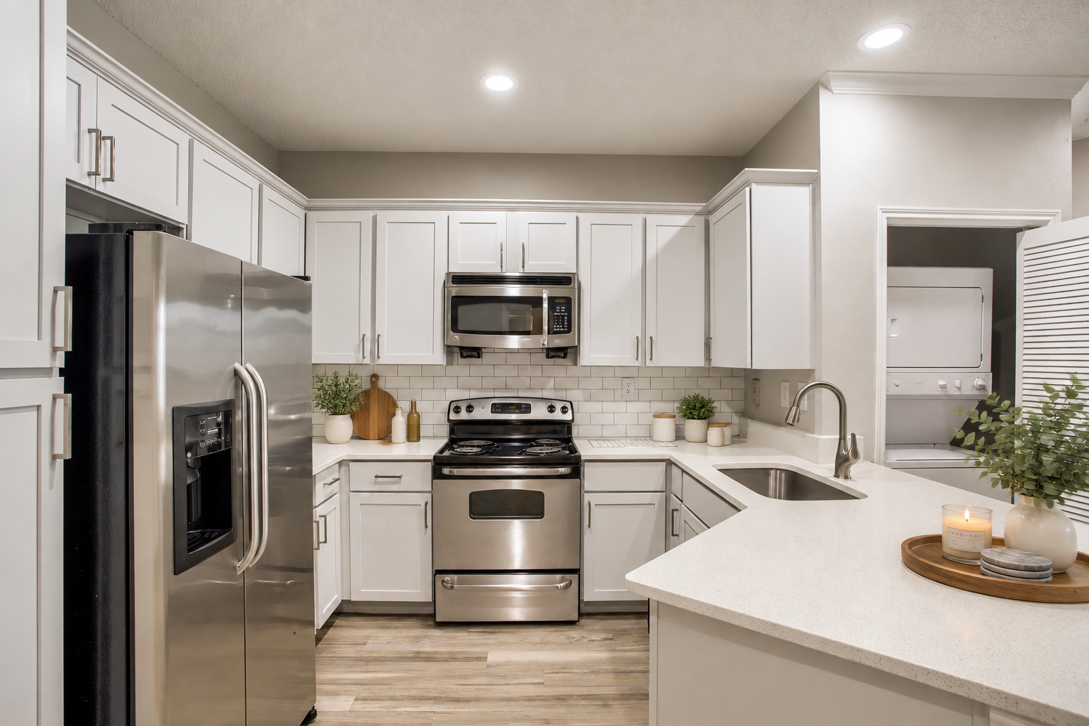 Kitchen with stainless steel appliances and laundry room nook with stacked washer and dryer