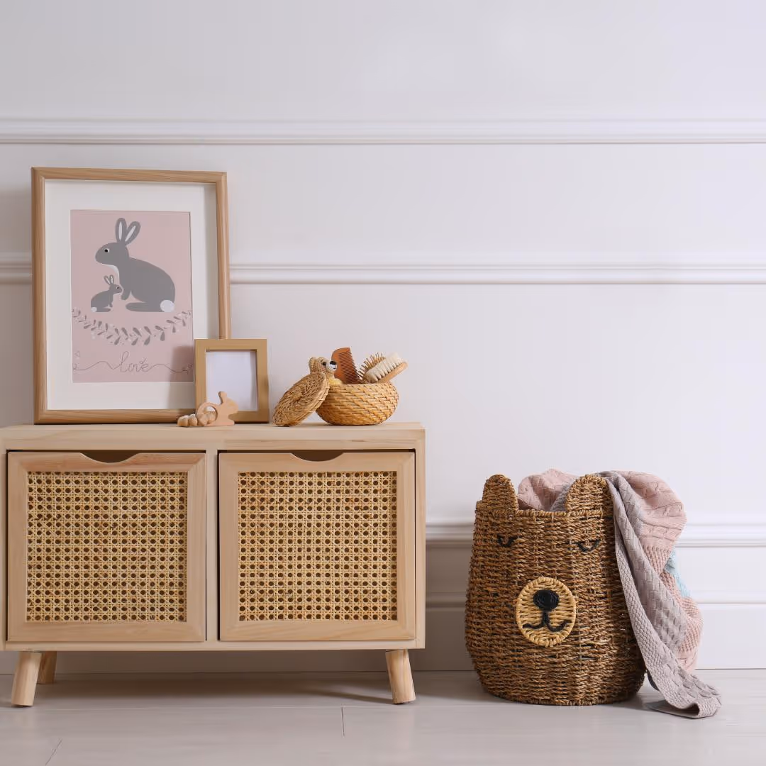 Luxury Wooden Designs Dubai & UAE‚ Handcrafted rattan storage chest for Dubai nurseries. 60x93x40cm. Elegant toy storage that doubles as seating. 