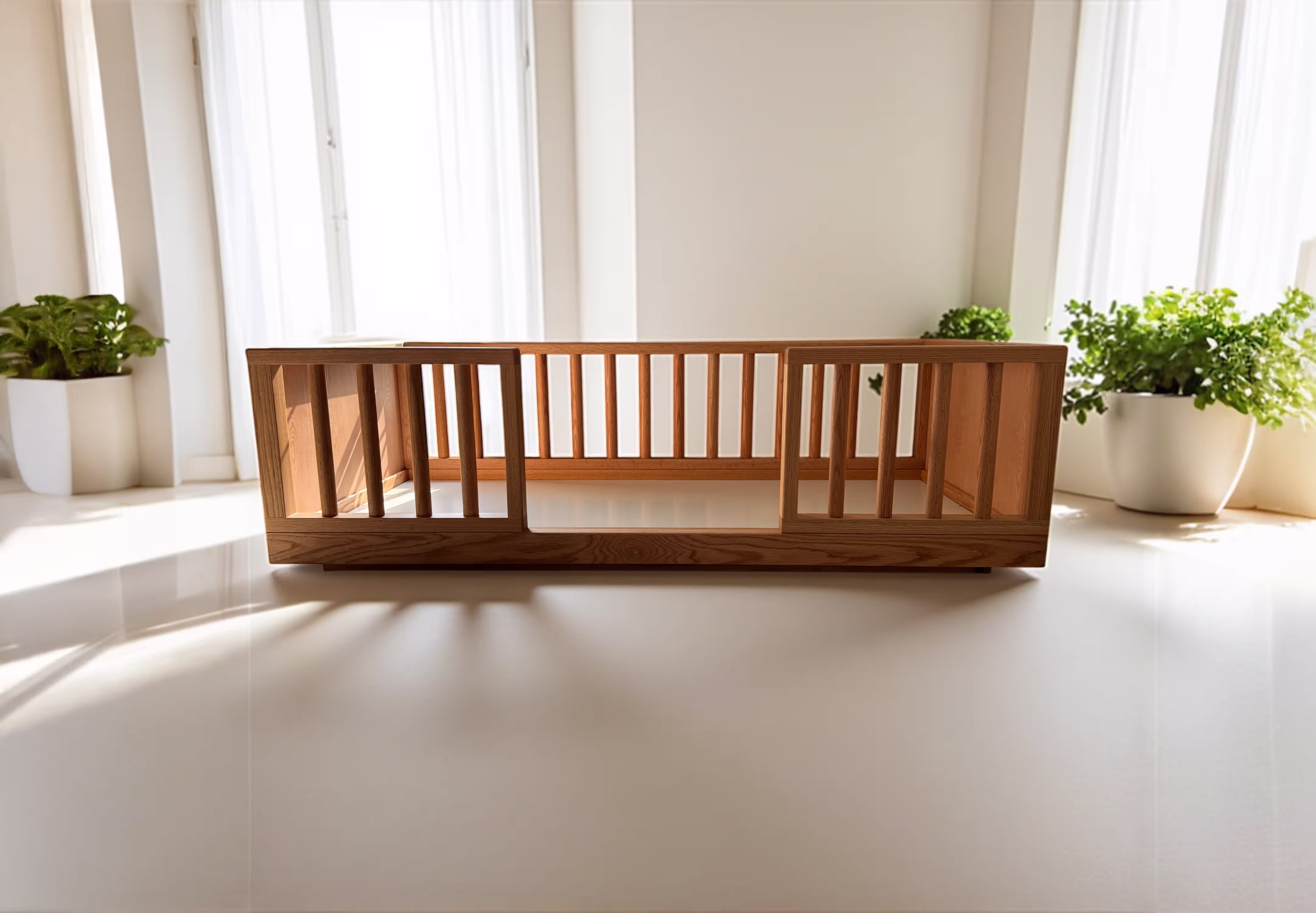 Luxury Wooden Designs Dubai & UAE‚ Classic Montessori floor bed, 90x190cm Meranti wood. Empowers children's self-reliance. Safe, sustainable, sophisticated.