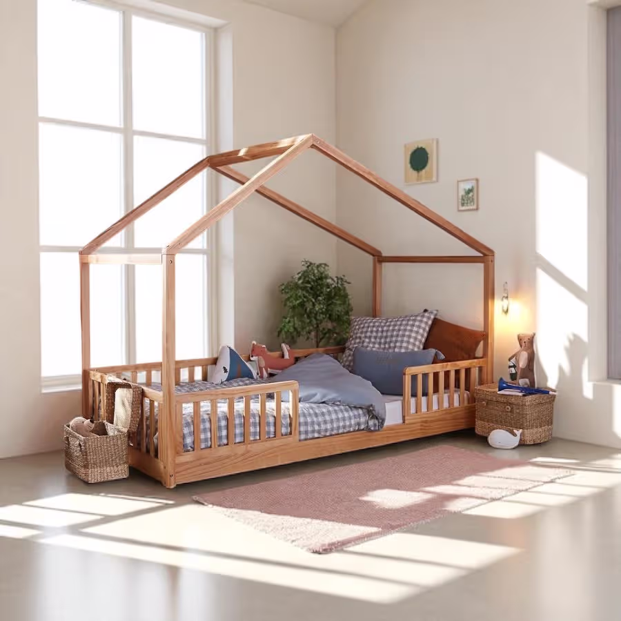 Luxury Wooden Designs Dubai & UAE‚ Montessori house bed in solid Meranti, 90x190cm. Low-profile design for child independence. Canopy included.