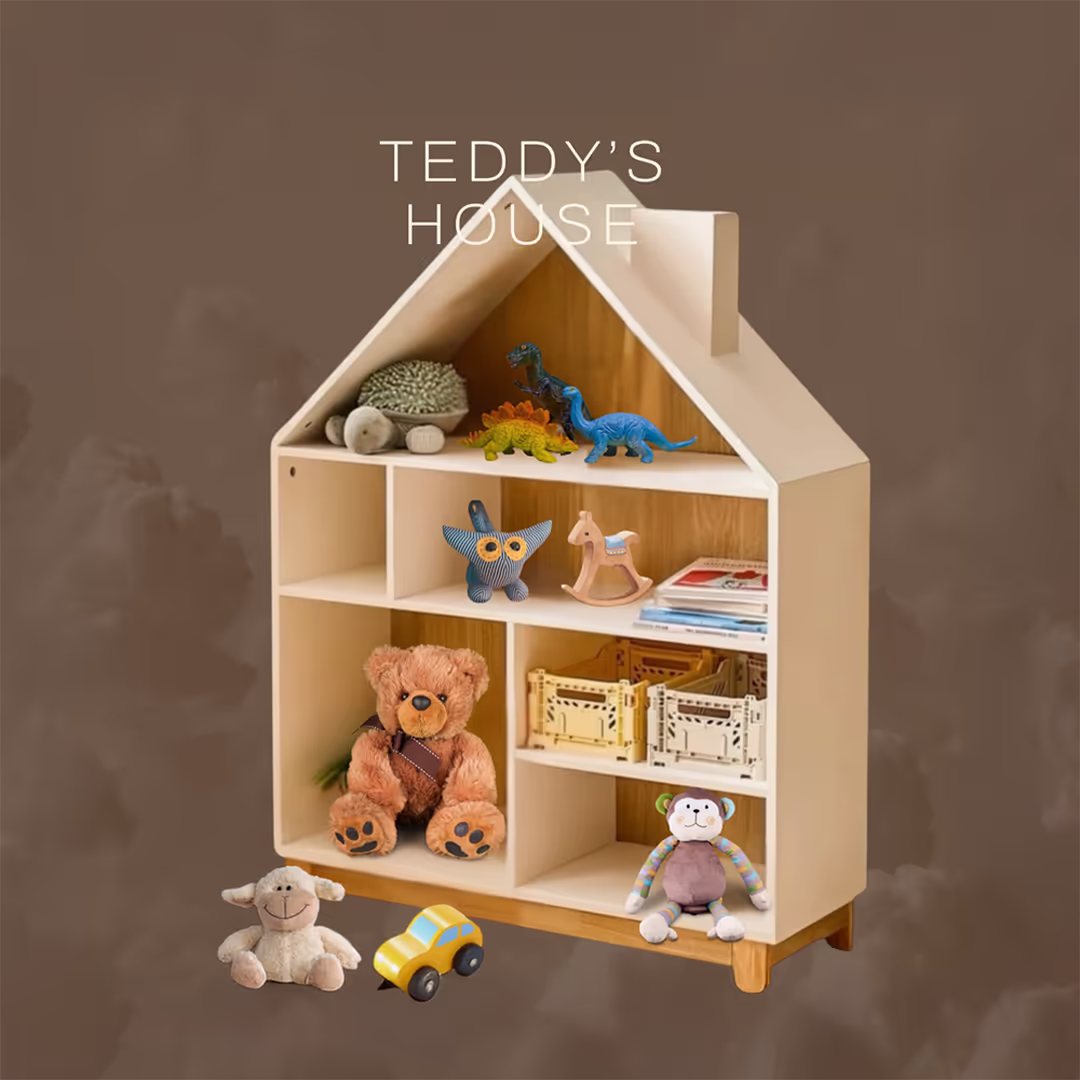 House-shaped kids storage shelf by My Little Mansion in pine and white wood, 85×25×93 cm. Perfect for Dubai homes. Custom colors available. Shop now.