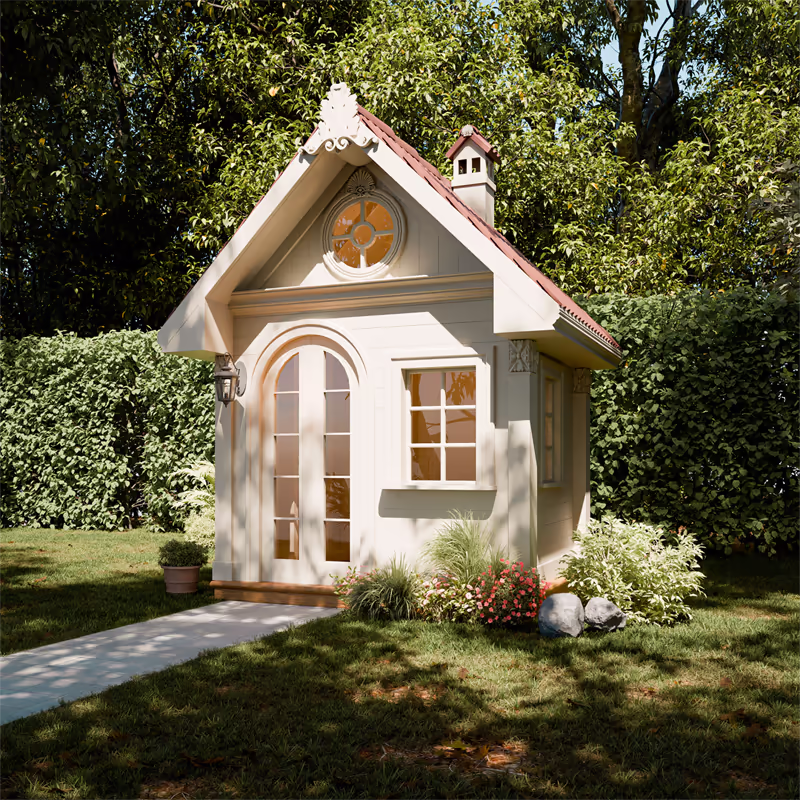 Mediterranean-style kids playhouse, 150×227×150 cm, meranti/pine with arched door and side window, suitable for UAE villas.