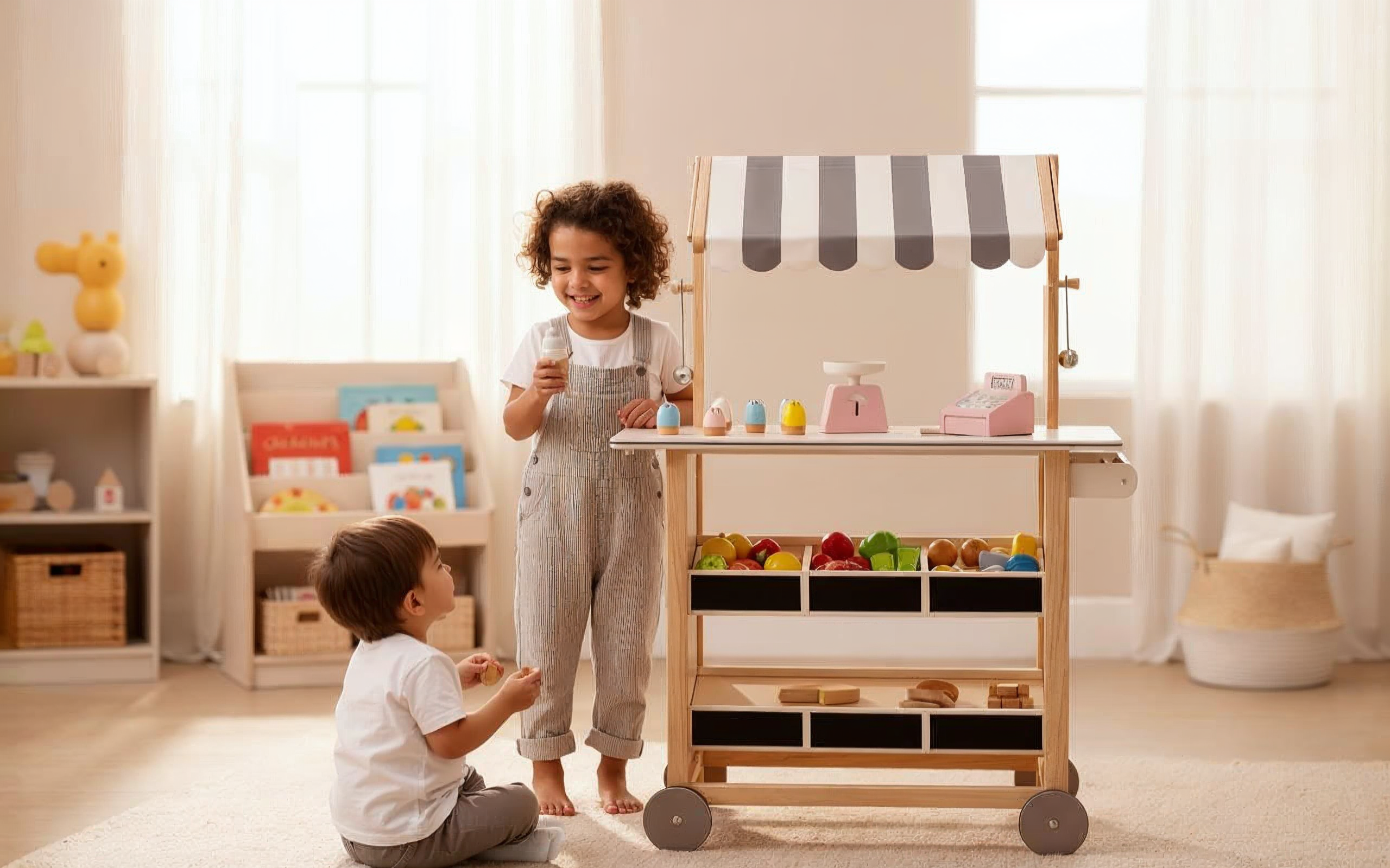 My Little Mansion Petite Market solid wood kids play shop with canopy and accessories for Dubai homes. Weather resistant finish. Shop now.