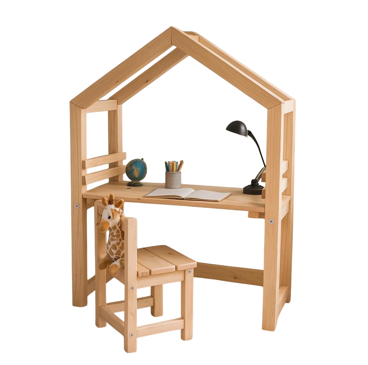 My Little Mansion house-shaped kids study desk in pine wood, 110×60×120 cm, made for Dubai homes. Custom colors and sizes available. Shop now.