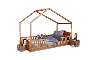 Luxury Wooden Designs Dubai & UAE‚ Montessori house bed in solid Meranti, 90x190cm. Low-profile design for child independence. Canopy included.