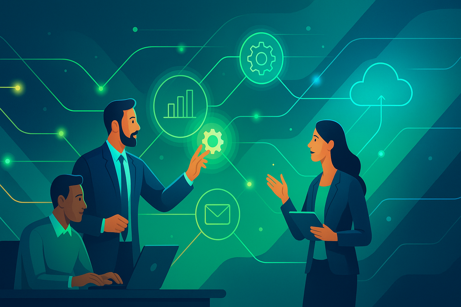 2 business leaders discussing process, while an expert automates the process.