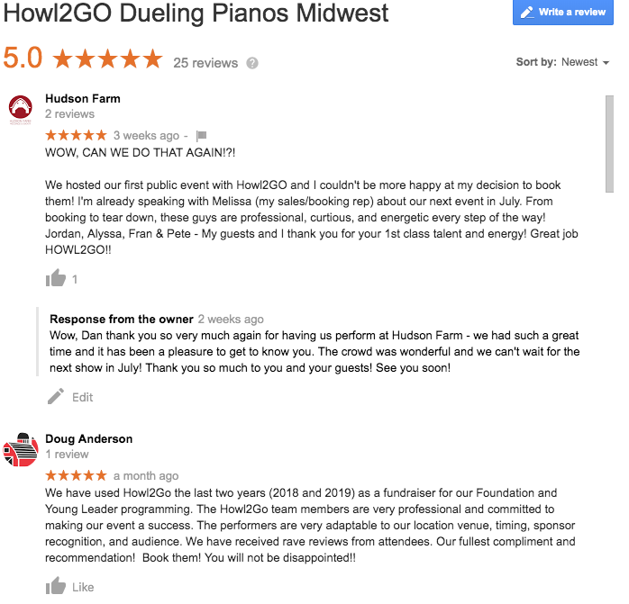 The best reviewed live music show in Illinois and Indiana is by Howl2GO dueling pianos