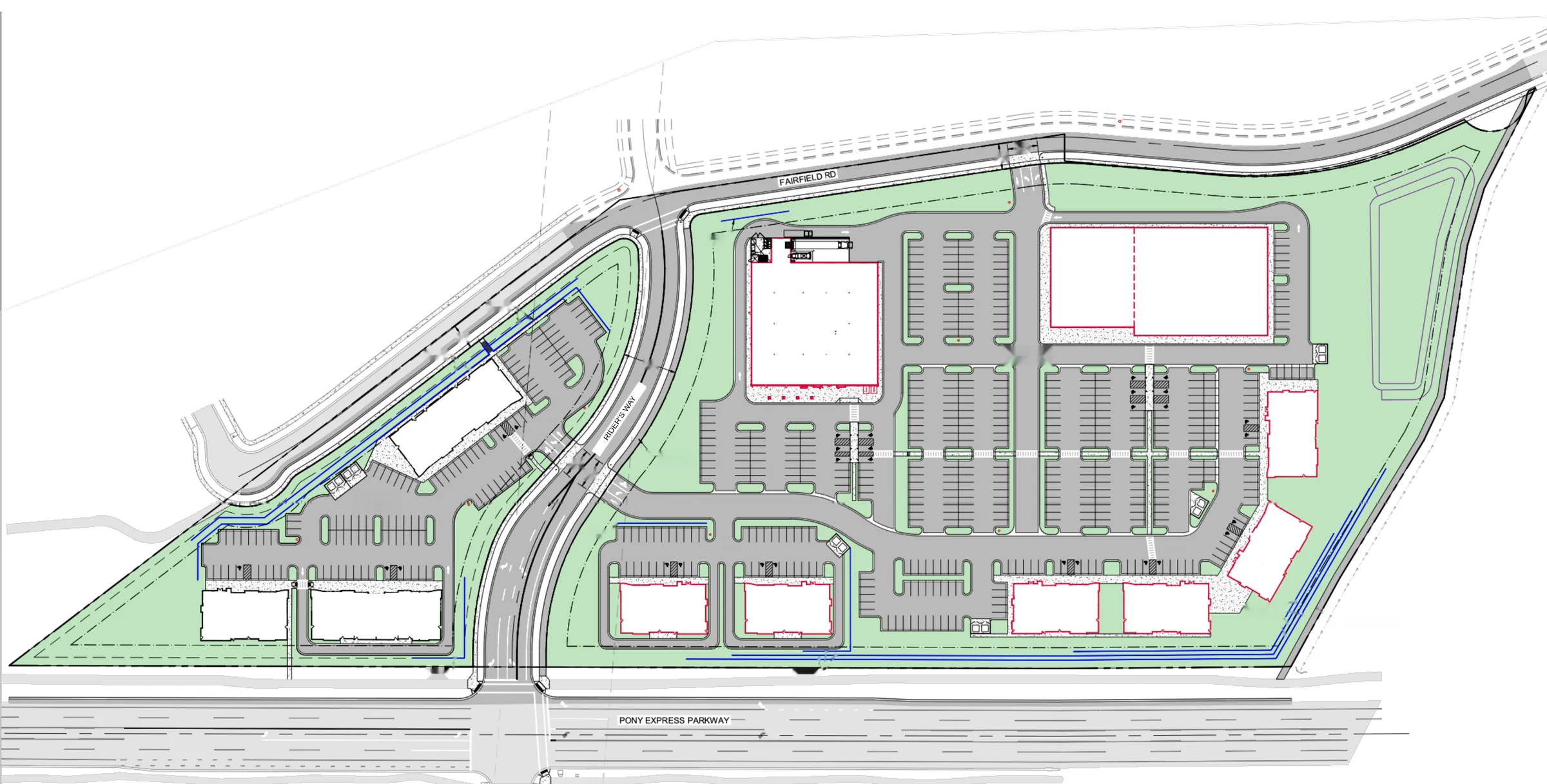 Overall site plan of Rider's Station at Pony Express Parkway and Fairfield Road in Saratoga Springs, Utah, showing Lot 1 and Lot 2 buildings, parking and access roads
