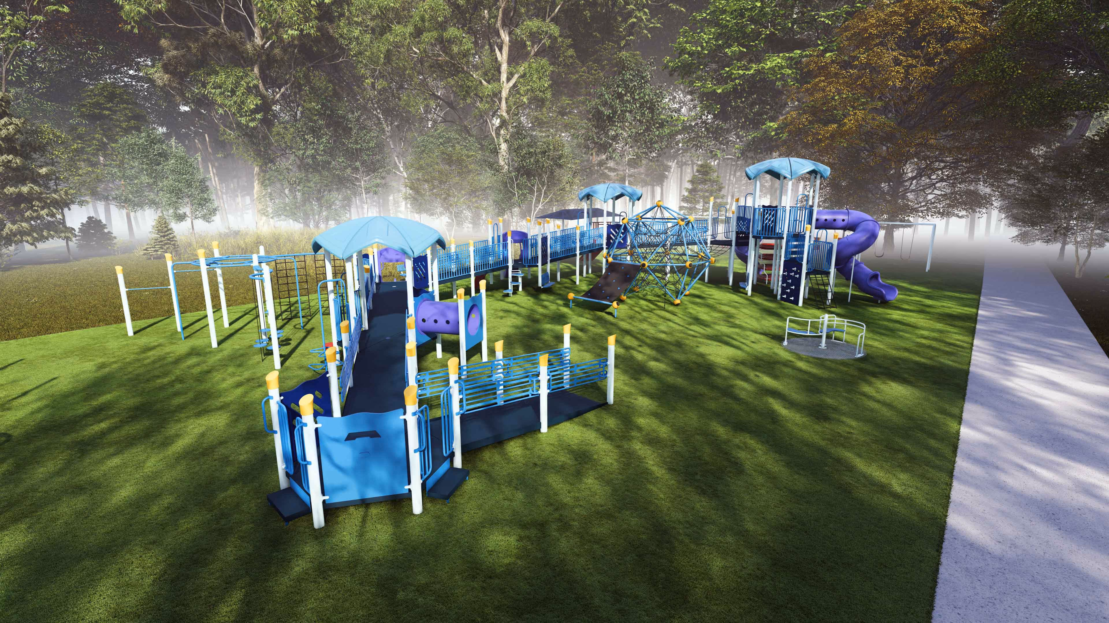 Wide playground with blue and purple play structures, slides, a climbing net, and a merry-go-round on green grass.