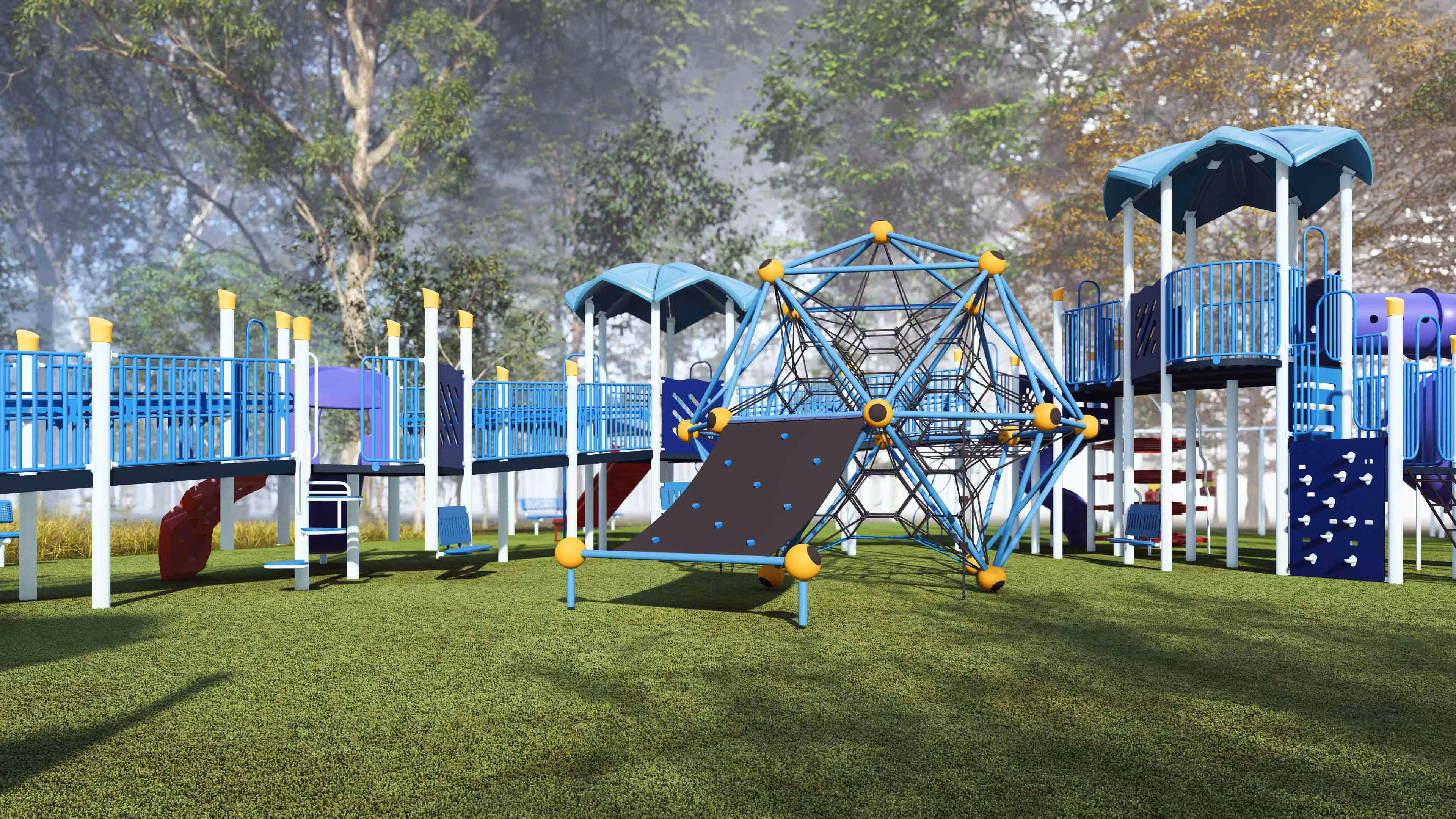 Modern outdoor playground with blue climbing structures, slides, and rope nets on green grass.