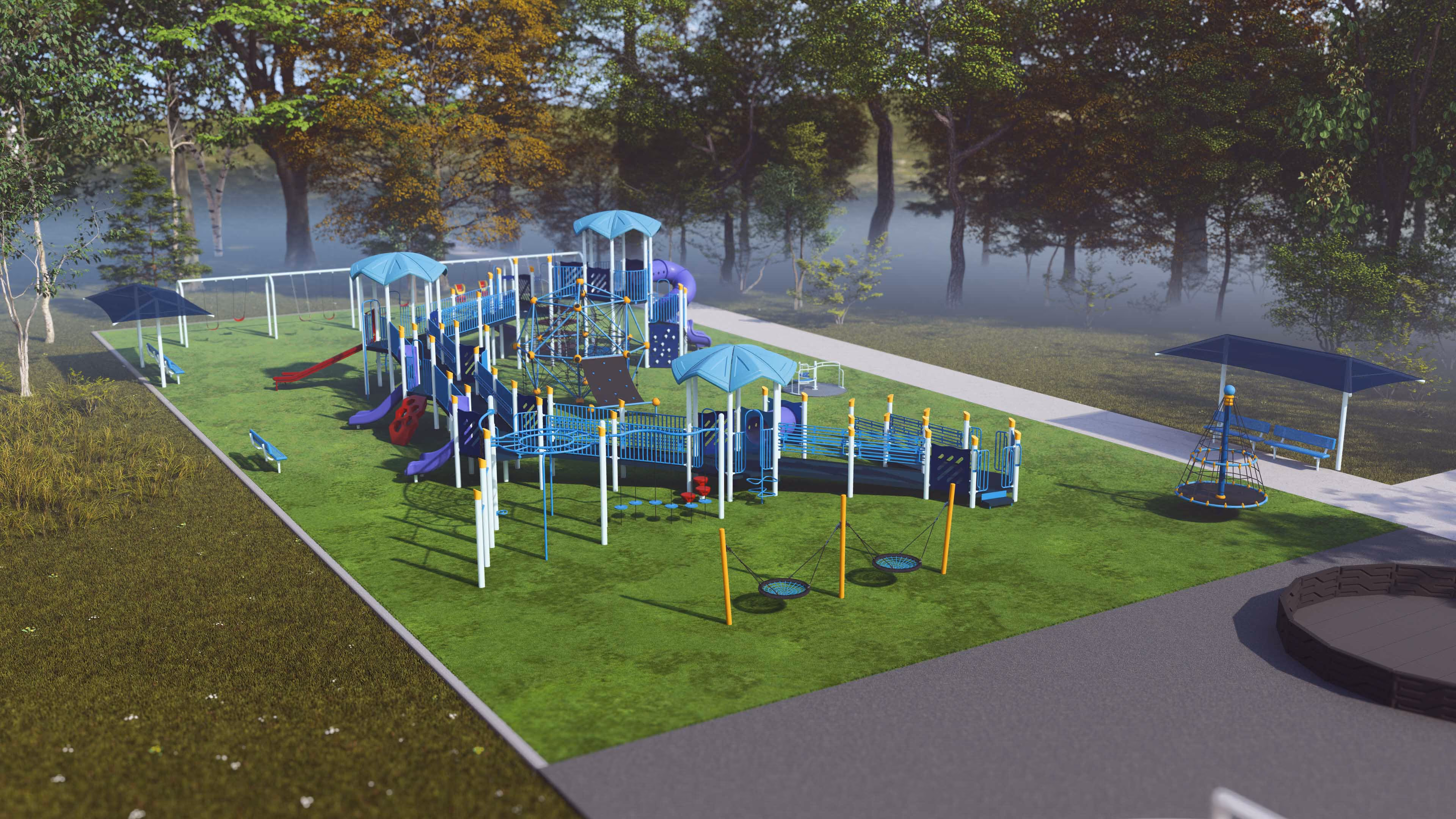 Modern playground with slides, swings, climbing structures, and shaded benches surrounded by trees.