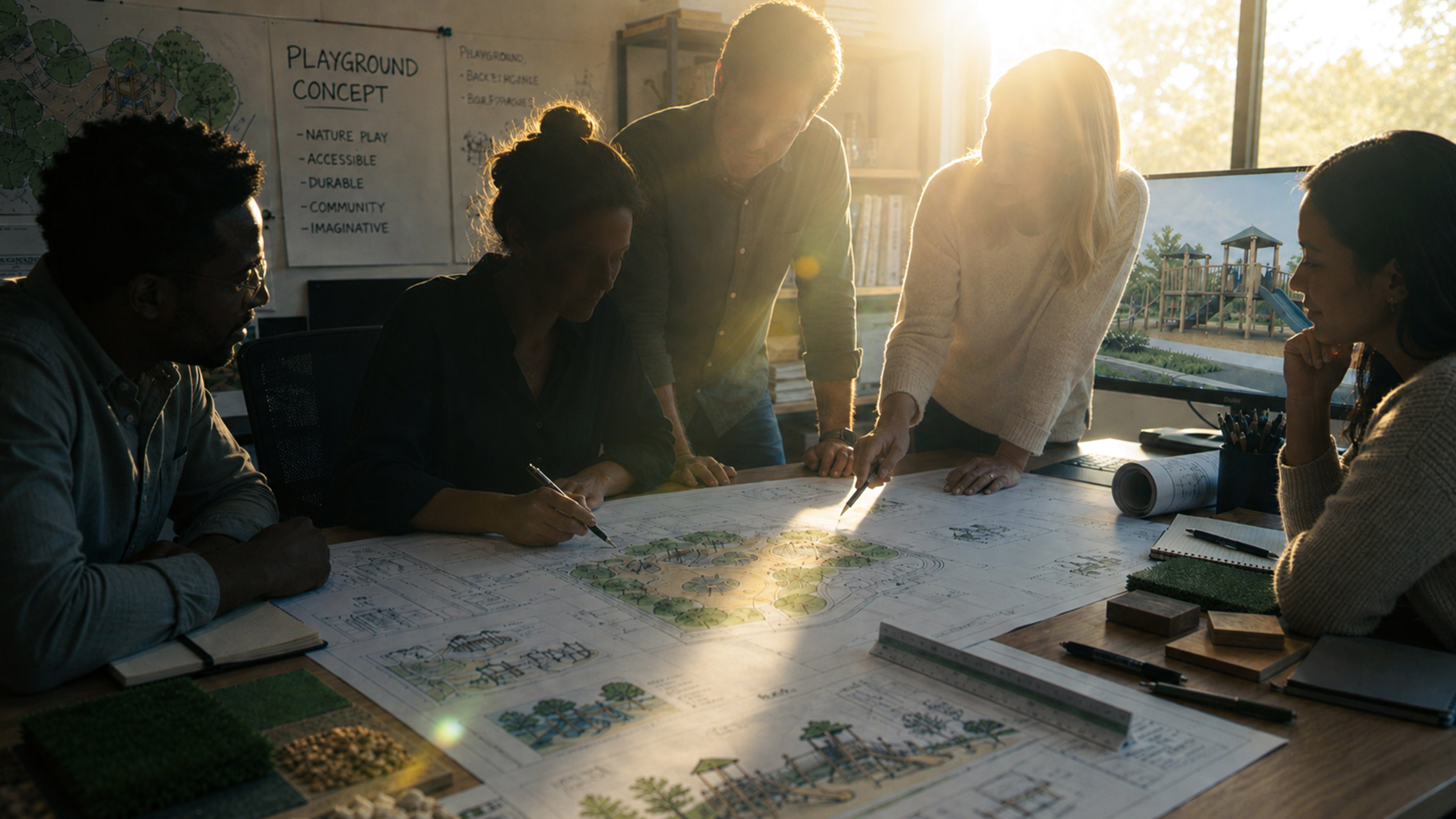 A team of landscape architecture professionals review playground design drawings around a conference table, with material samples, plans, and a playground rendering visible in a warmly backlit design studio.