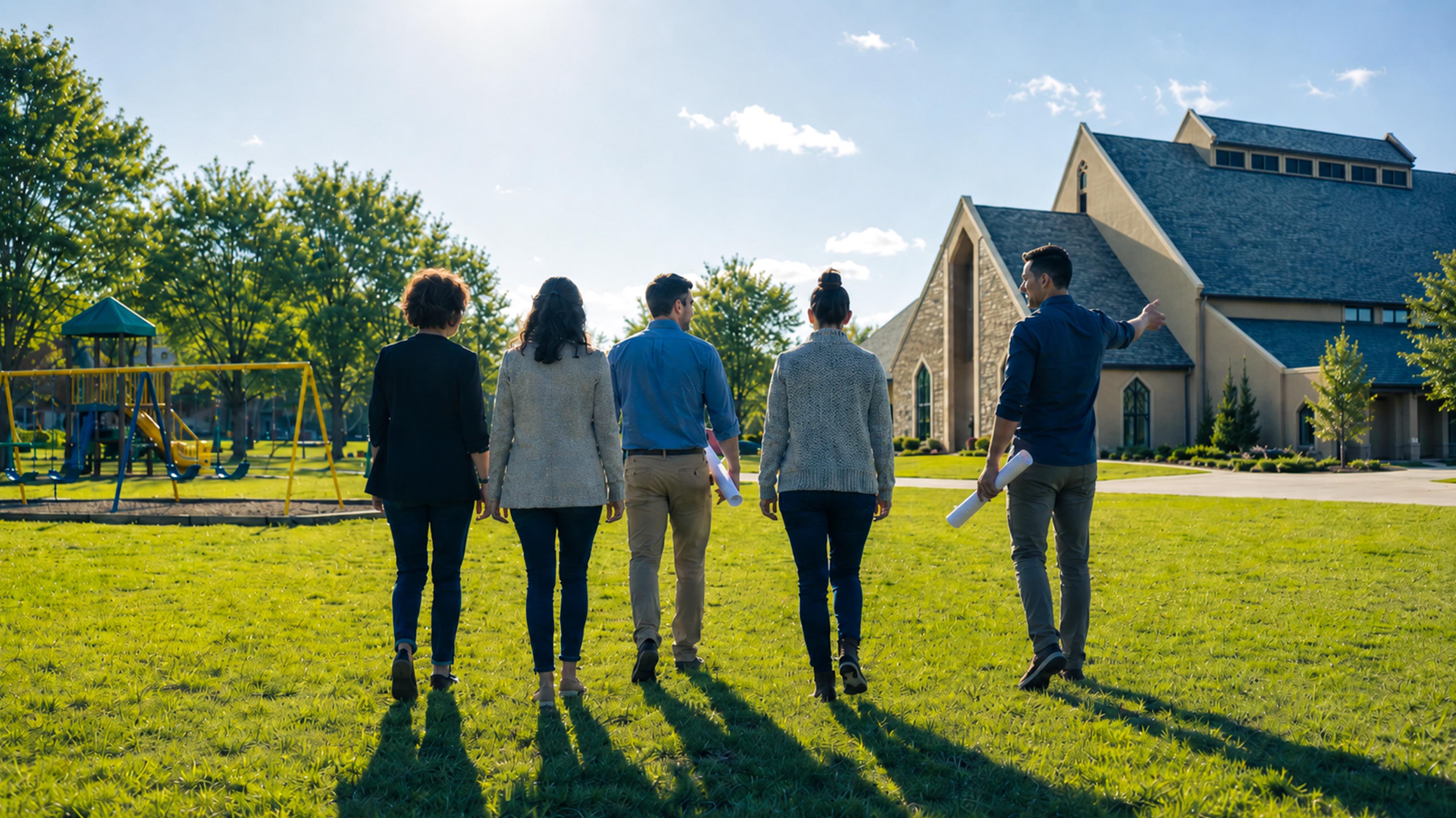 A church building committee and playground design team walk across a grassy future playground site, with rolled plans in hand, a modern church-style building ahead, and a swing set visible in the background.