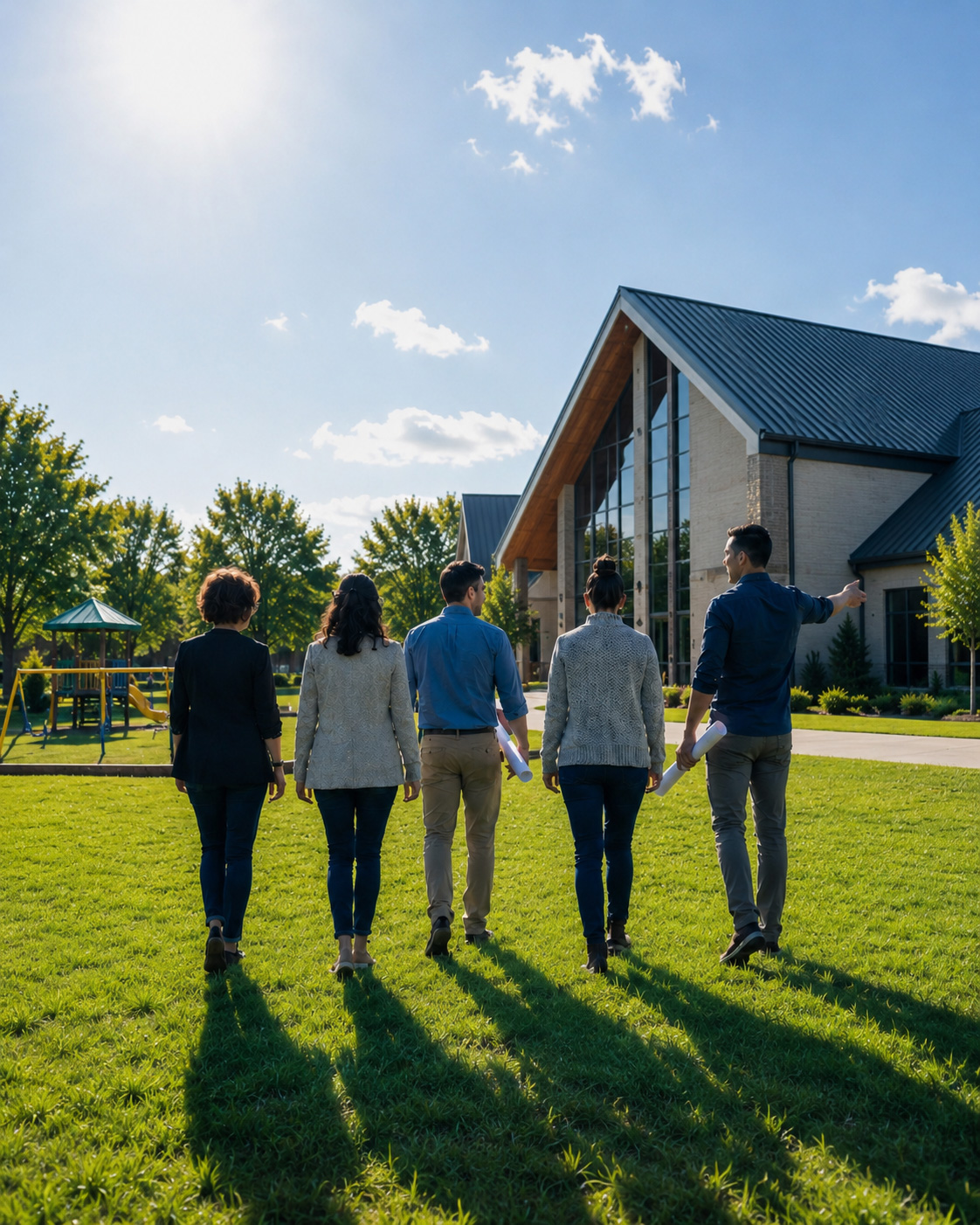 A church building committee and playground design team walk across a grassy future playground site, with rolled plans in hand, a modern church-style building ahead, and a swing set visible in the background.