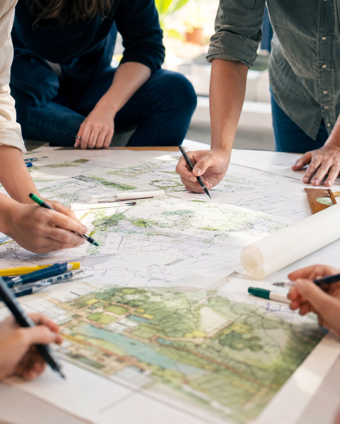 Hands of landscape architects and design professionals sketch and review site plans together during a collaborative design meeting.