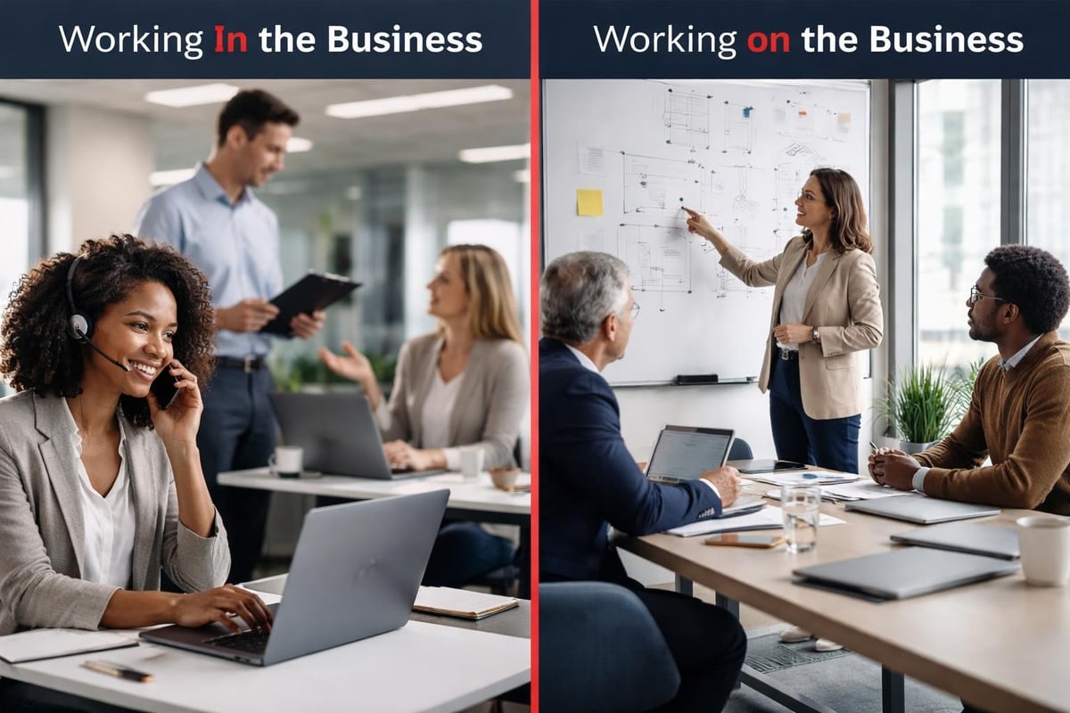 Working in business versus on business comparison